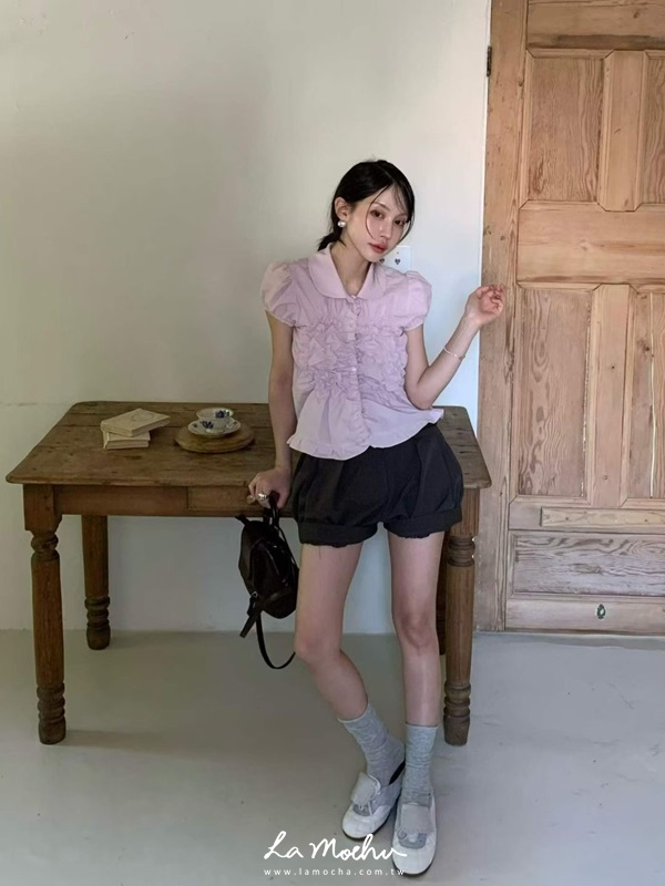 荷葉滾邊抓皺襯衫